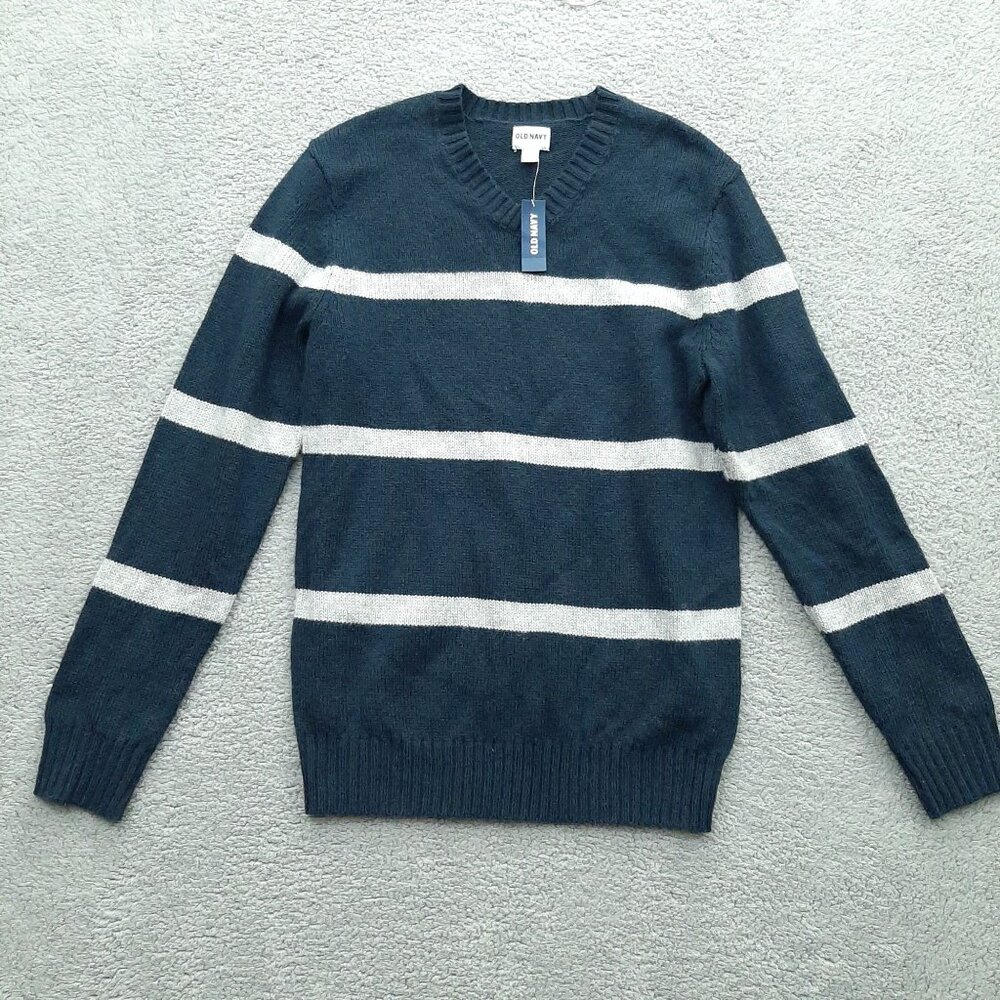 Old Navy Men's Blue white Striped Wool Blend Rib V Neck Sweater Size Medium NWT